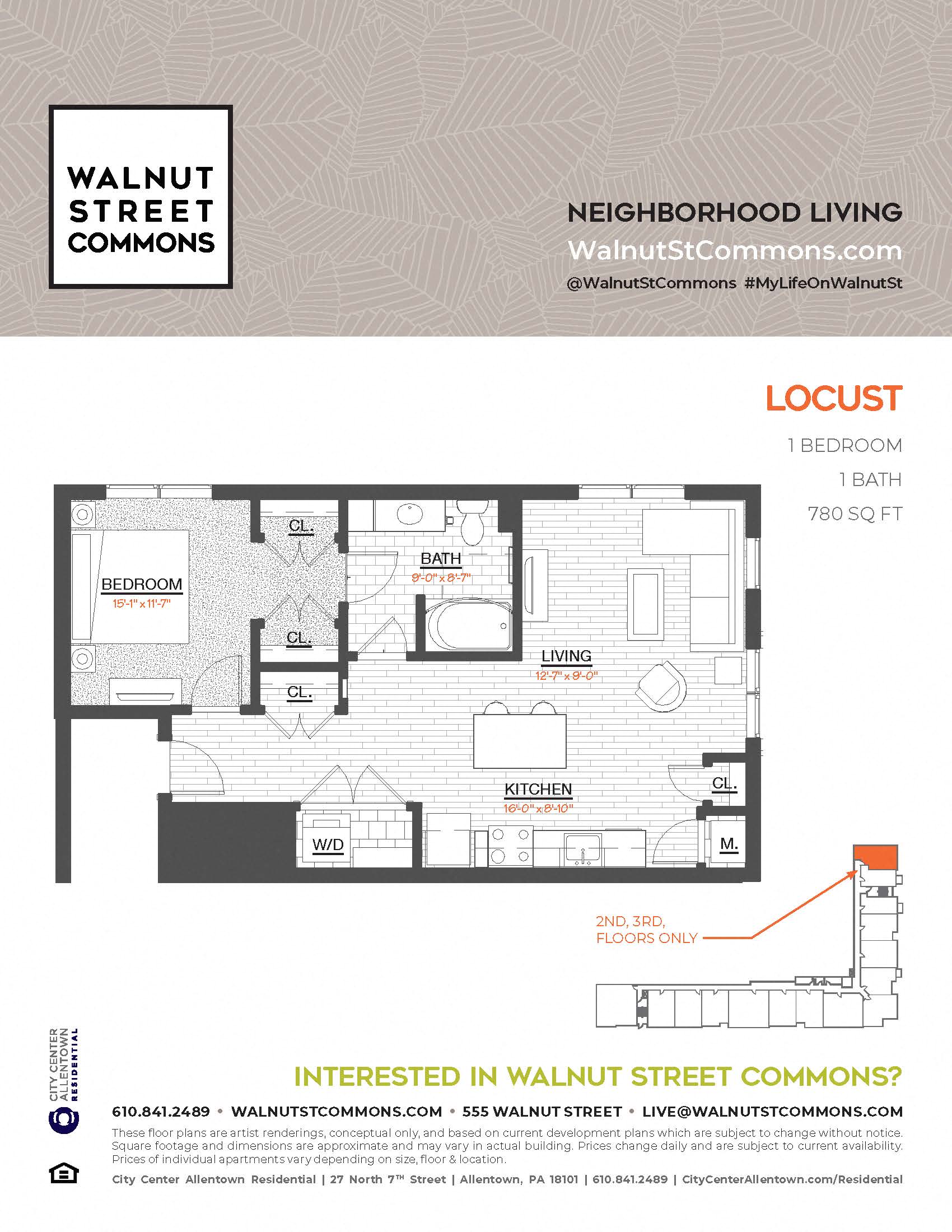 Floor plan for 1 bed, 1 bath, 780 sqft